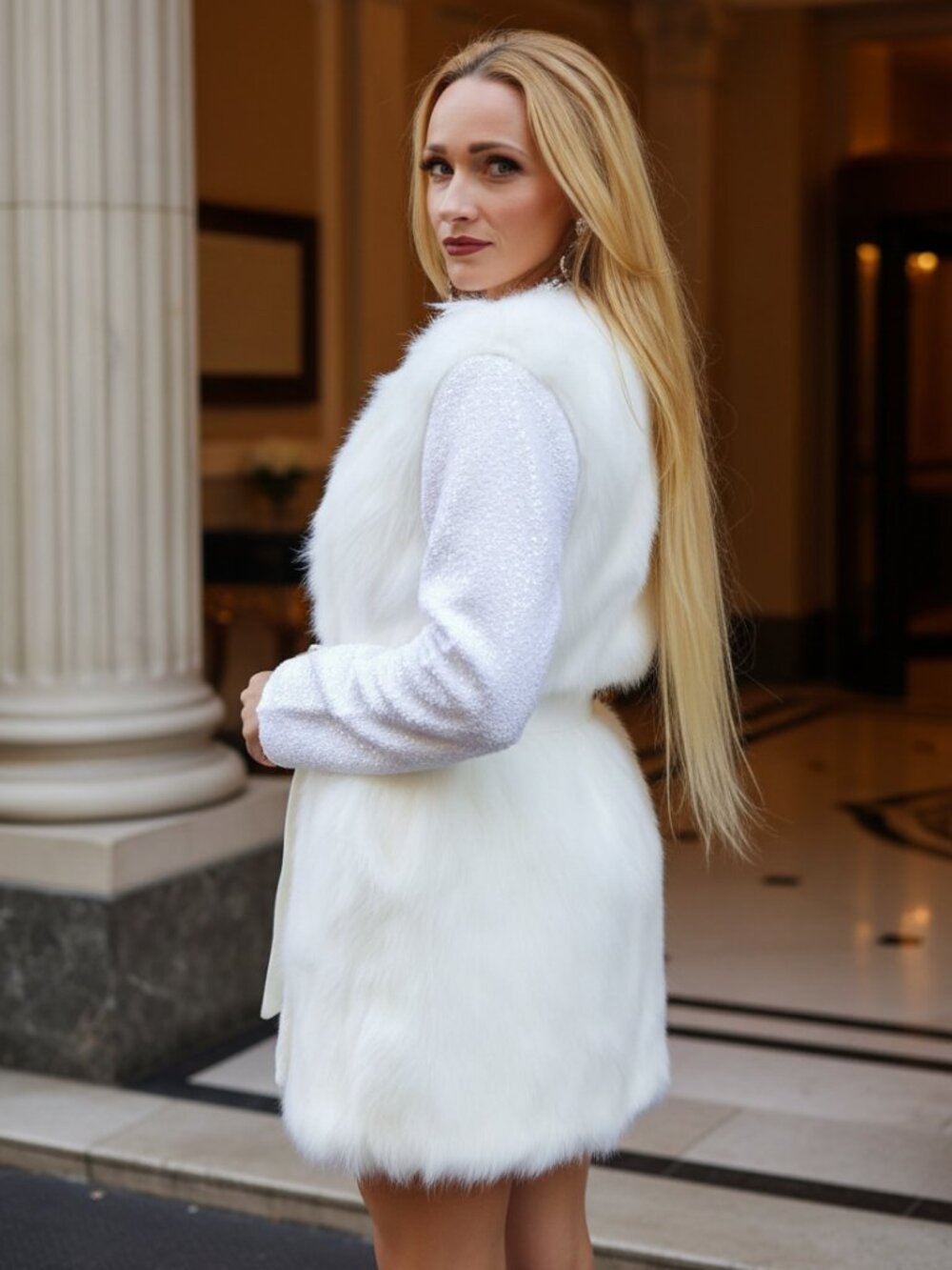 CLASSIC IN CREAM FAUX FUR TEDDY AND TEXTURED SLEEVED  COAT - Picture 4 of 9